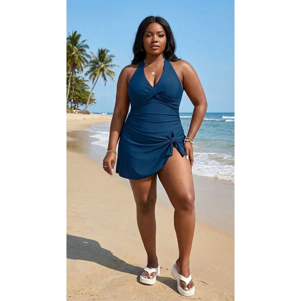 Blooming Jelly Plus Size 4XL One-Piece Swimsuit Ruched Blue Adjustable Back - Picture 7 of 7